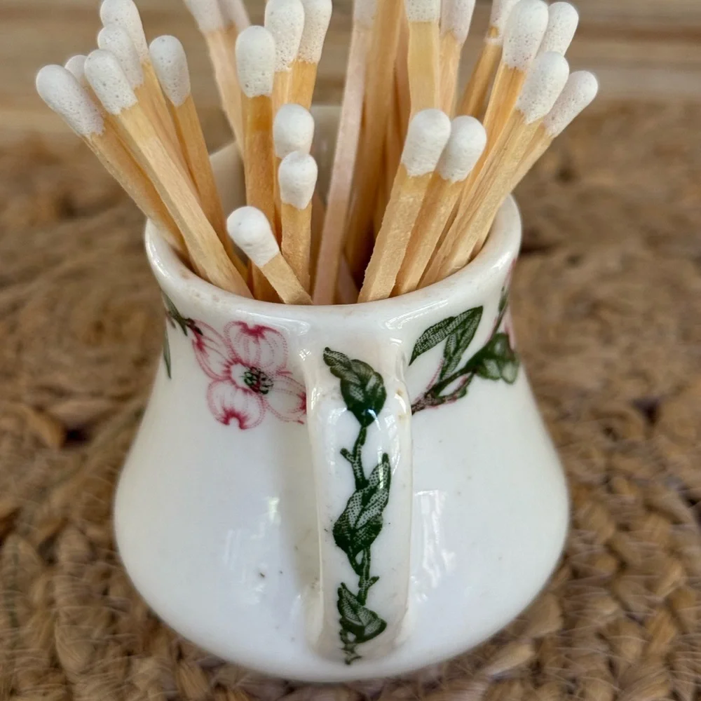 Pink Dogwood Floral Ceramic Matchstick Holder with Striker